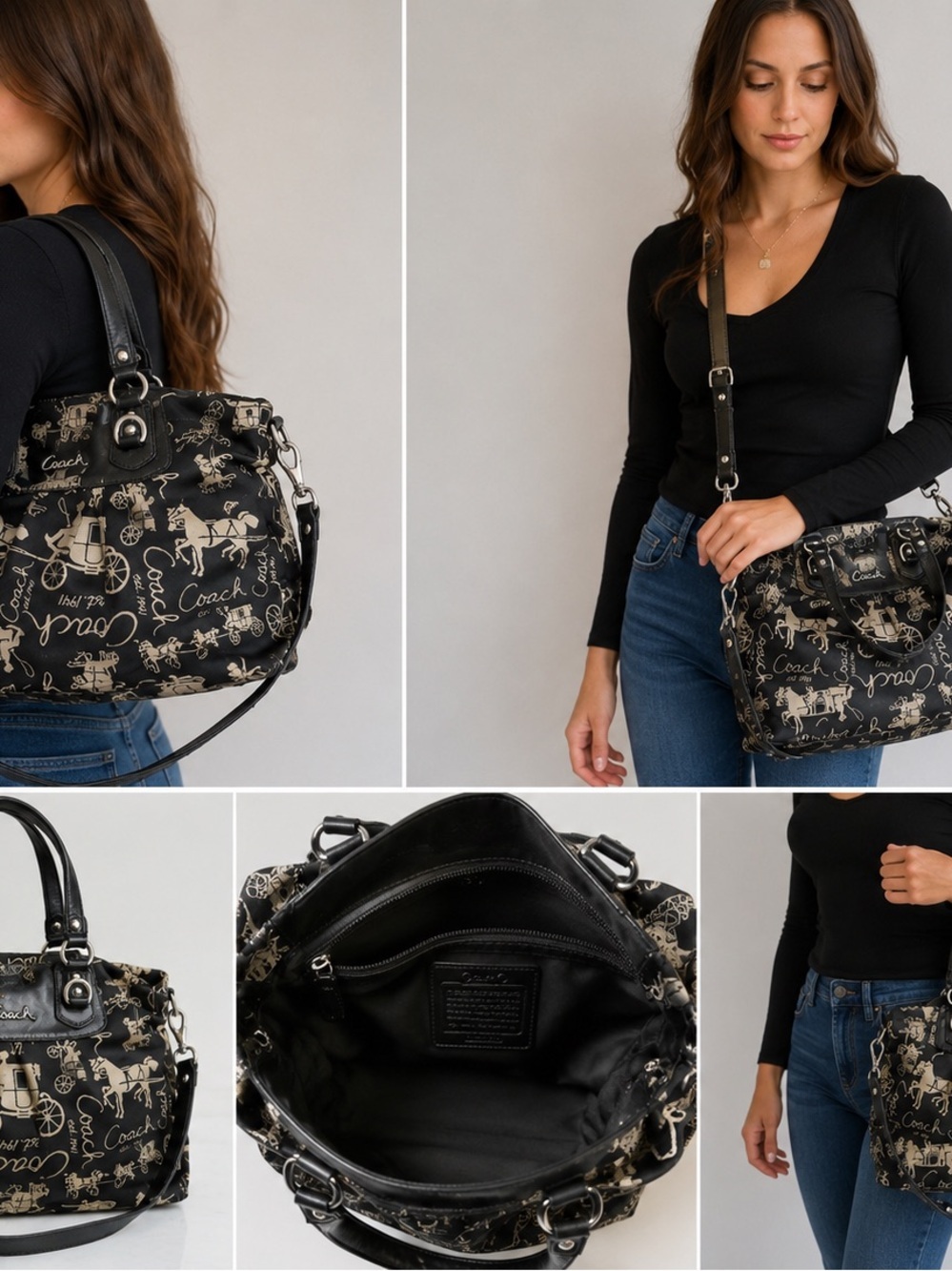 Vintage Coach Horse & Carriage Print Tote Bag Black Jacquard Leather Trim Y2K